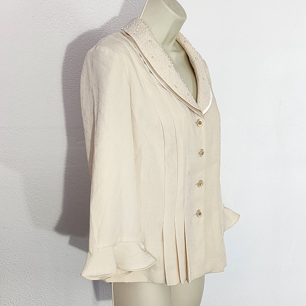 Danny & Nicole Chic Blazer with Textured Bead And Faux Pearl Collar Cream Size 8 - Picture 3 of 17